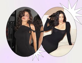 Kylie Jenner wearing Khy mesh dress; Kim Kardashian wearing SKIMS lounge dress