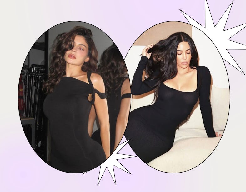Kylie Jenner wearing Khy mesh dress; Kim Kardashian wearing SKIMS lounge dress