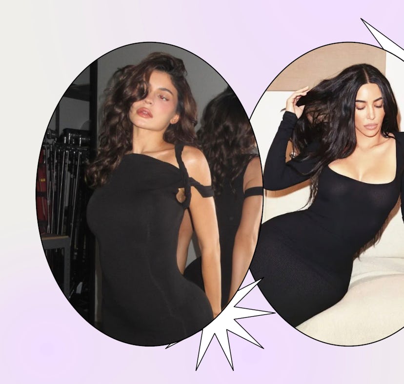 Kylie Jenner wearing Khy mesh dress; Kim Kardashian wearing SKIMS lounge dress