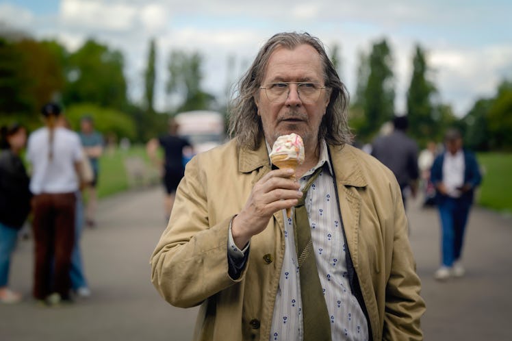 Gary Oldman eating ice cream in a scene from "Slow Horses" on Apple TV+.