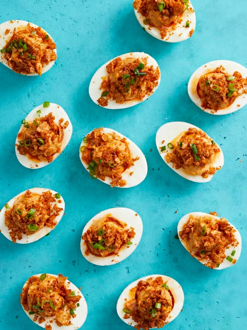 Nashville hot deviled eggs, in a story about boiled egg recipes to use up Easter eggs.