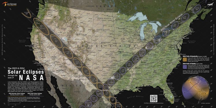Two diagonal dark lines cross in opposite directions on top of a map of the continental United State...