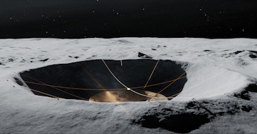 illustration of a radio telescope dish inside a lunar crater