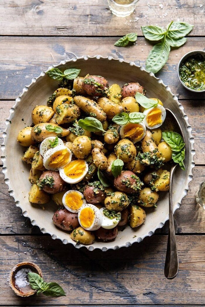 Pesto potato salad, in a story about boiled egg recipes to use up Easter eggs.