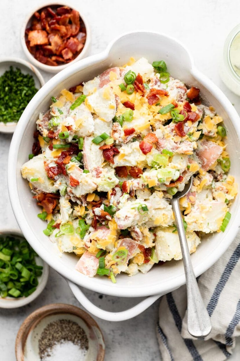 Loaded baked potato salad, in a story about boiled egg recipes to use up Easter eggs.