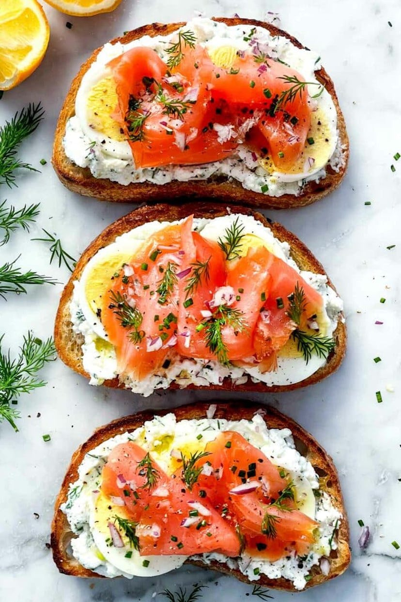 Ricotta toast with smoked salmon and egg, in a story about boiled egg recipes to use up Easter eggs.