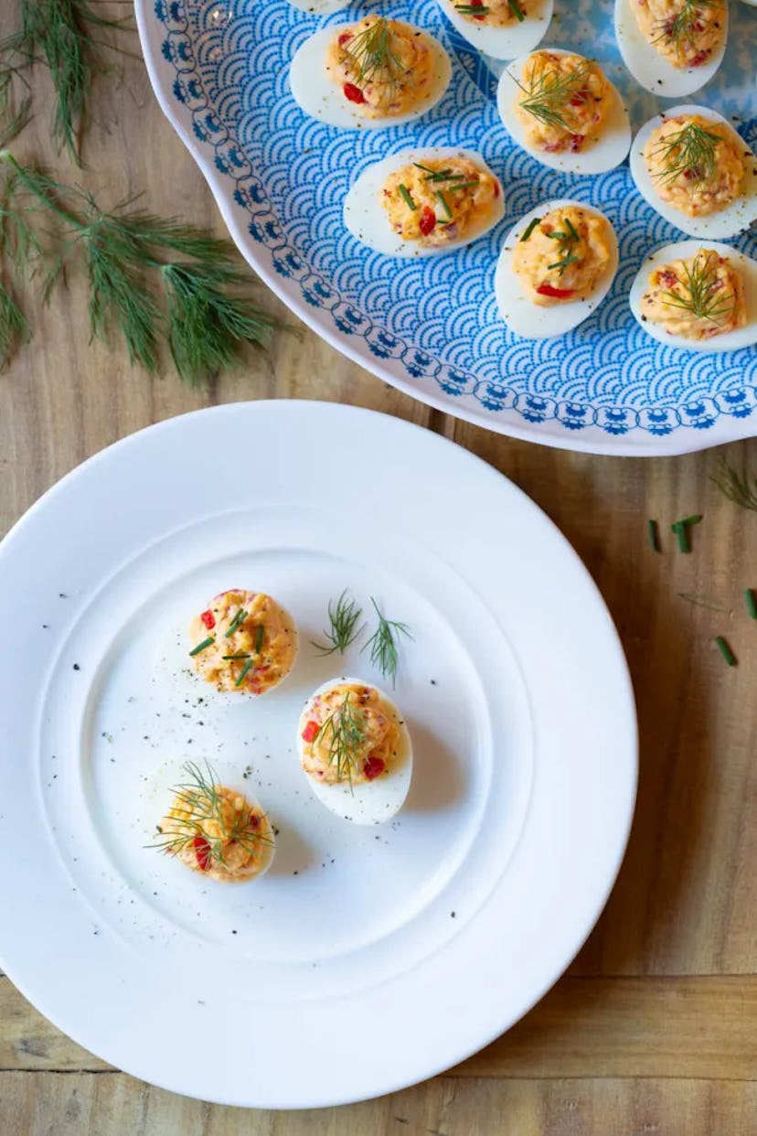 Pimento cheese deviled eggs, in a story about boiled egg recipes to use up Easter eggs.