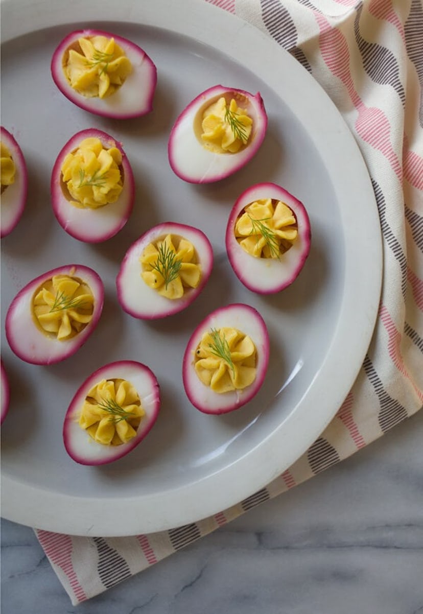 Beet pickled deviled eggs, in a story about boiled egg recipes to use up Easter eggs.