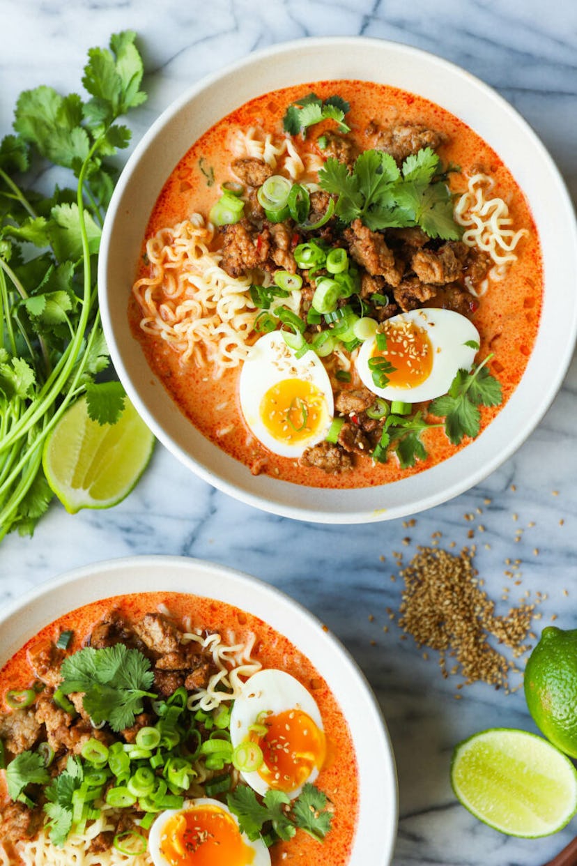 Thai coconut curry ramen with cilantro and egg, in a story about boiled egg recipes to use up Easter...