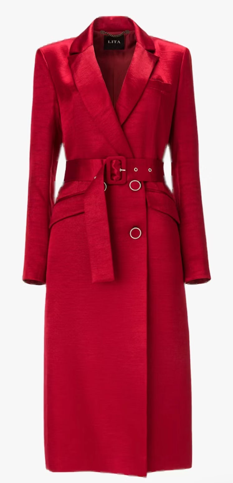 red satin trench coat