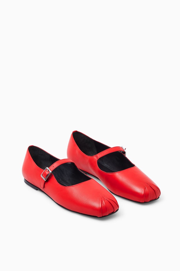 Pleated Leather Mary Jane Ballet Flats
