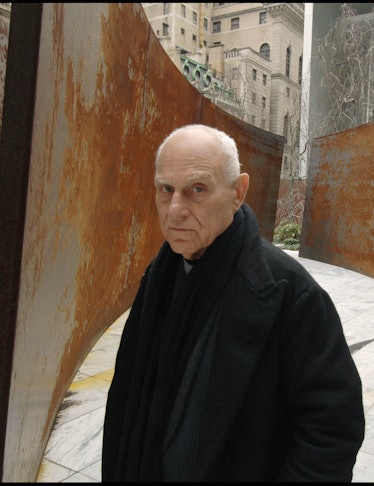American sculptor Richard Serra at Museum Of Modern Art Sculpture Garden in New York with one of his...