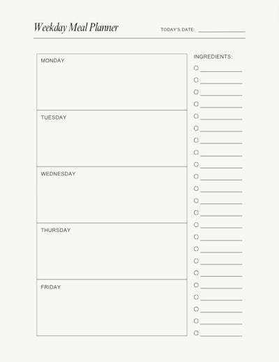 Cream Minimalist Food free printable Weekly Meal Planner template