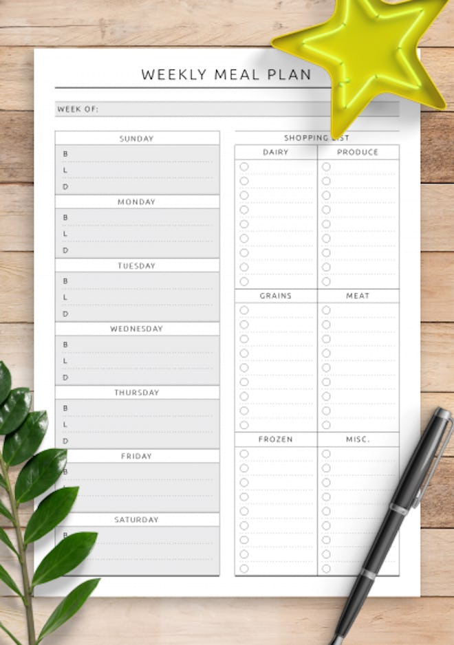 Printable Weekly Meal Plan with Shopping List