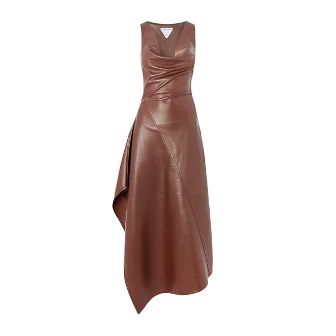 Asymmetric Draped Leather Midi Dress