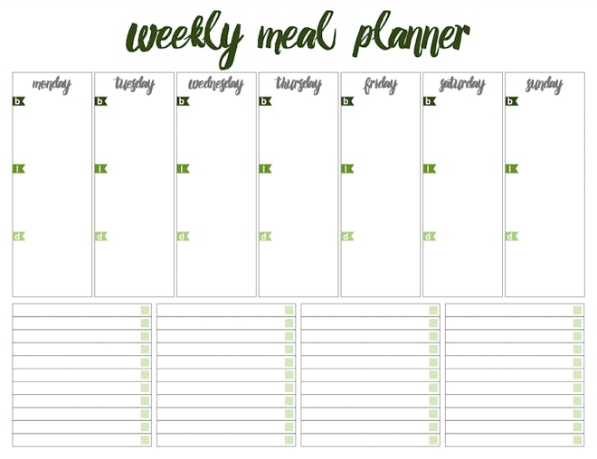 Calendar layout Weekly Meal Planner free printable template