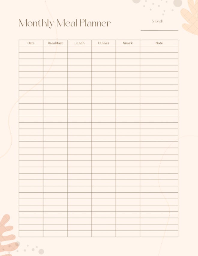 Peach Abstract shape Monthly Meal Planner free printable template