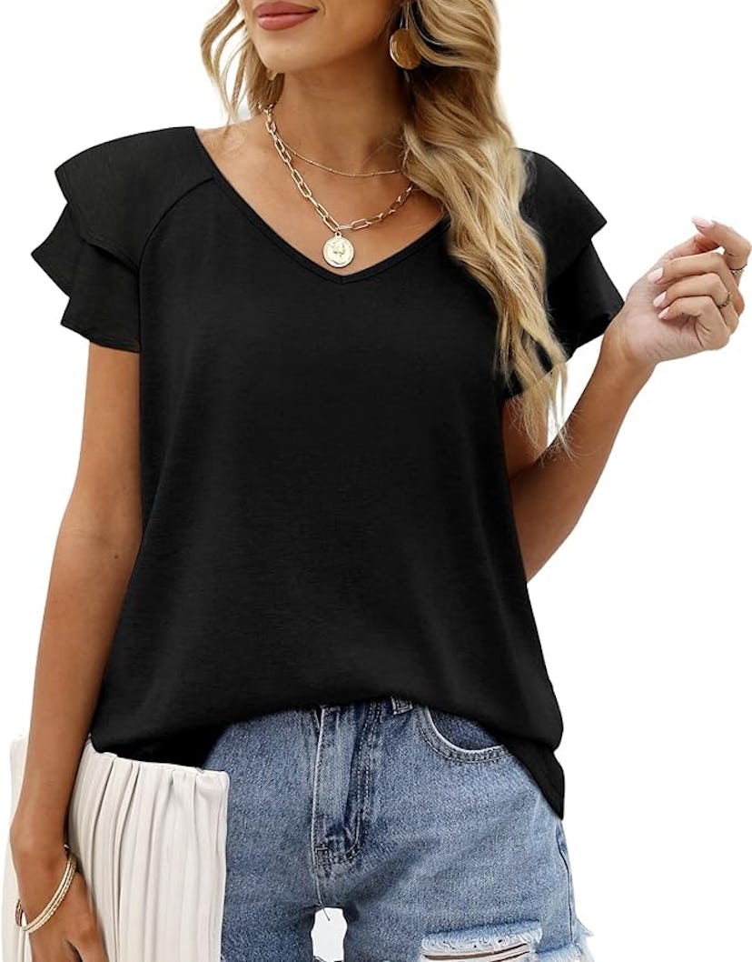 OFEEFAN Ruffle Short Sleeve V-Neck T-Shirt