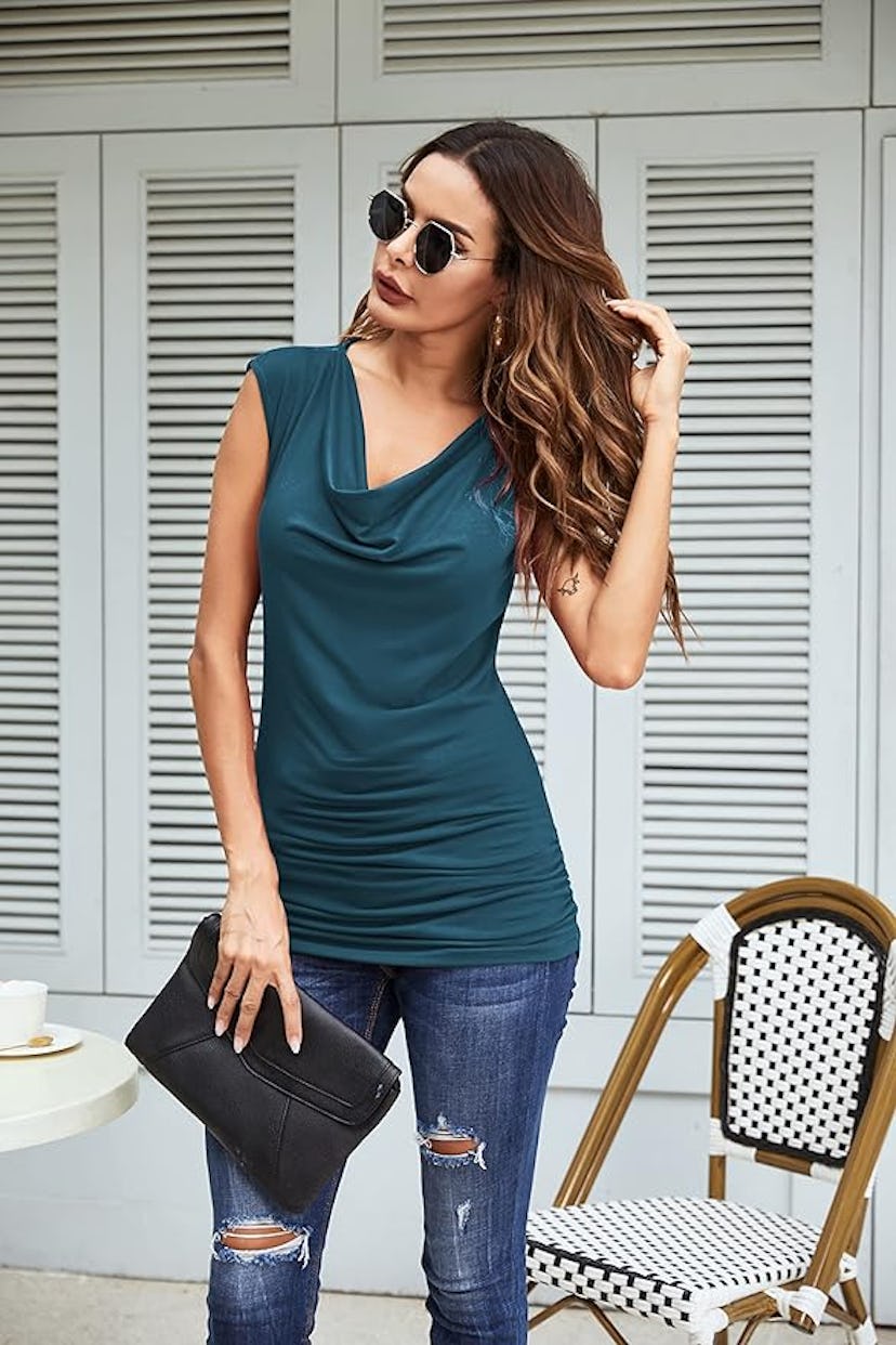 Zeagoo Ruched Cowl Neck Tank Top
