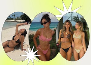 Kim Kardashian and influencers sporting 2024 swimsuit, bikini, and bathing suit trends