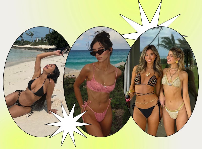 Kim Kardashian and influencers sporting 2024 swimsuit, bikini, and bathing suit trends