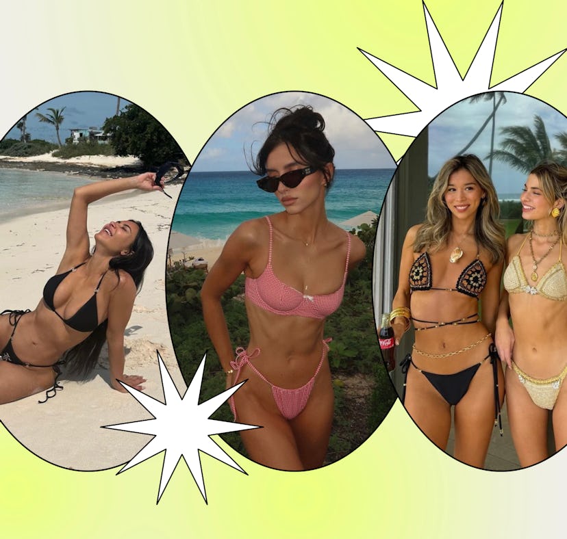 Kim Kardashian and influencers sporting 2024 swimsuit, bikini, and bathing suit trends