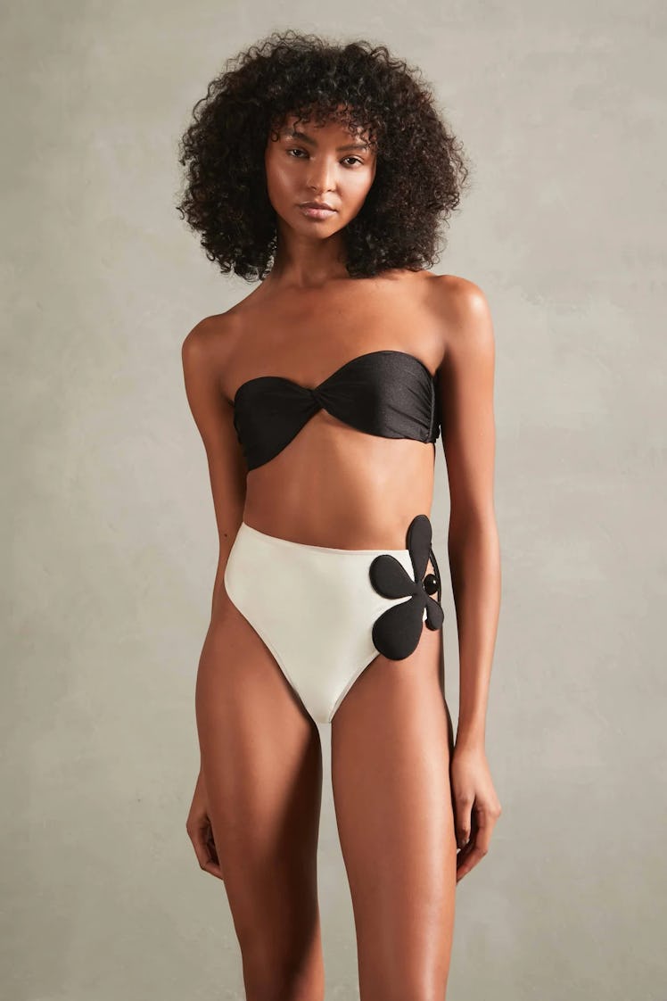 Floral Off-White and Black High-Waisted Strapless Bikini Set