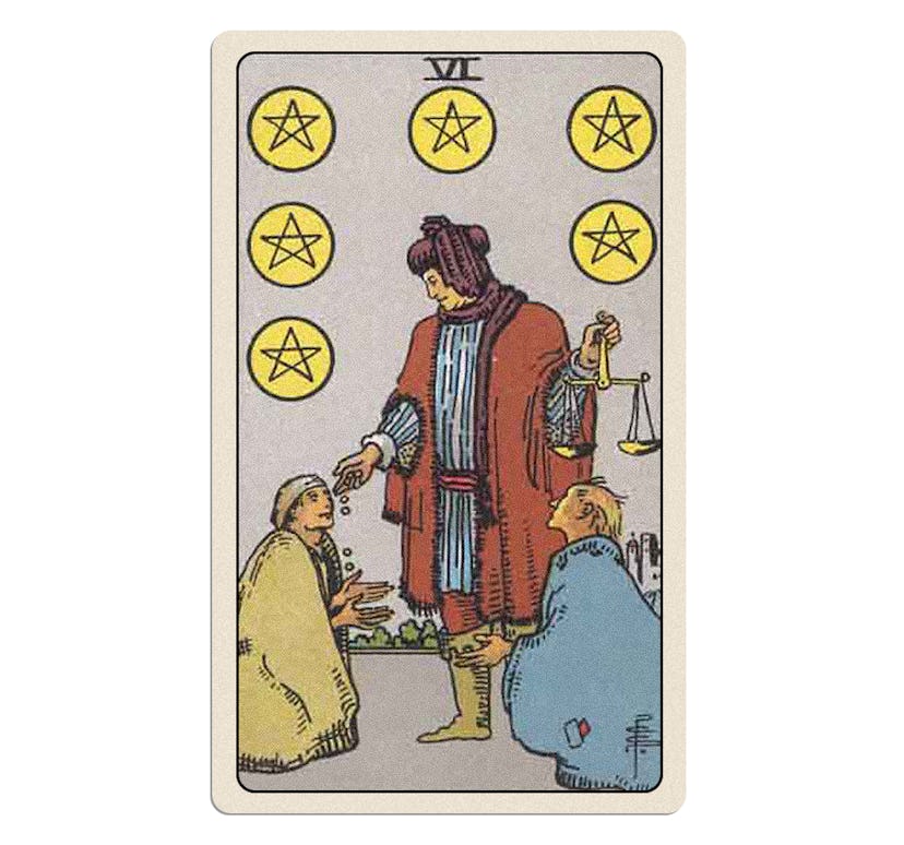 The Six of Pentacles is one of your tarot cards for April 2024.