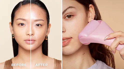 A split-image, with one showing a woman's face before and after skin care treatment, and another ima...