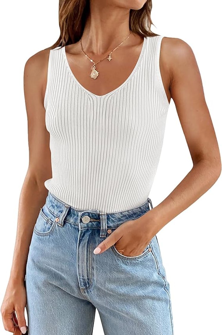 ZESICA Ribbed V Neck Tank Top