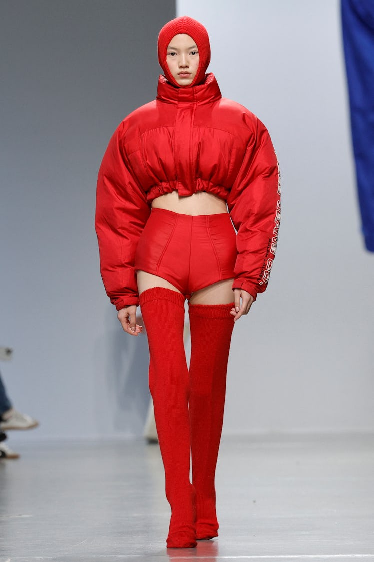 A model presents a creation by Duran Lantink for the Women Ready-to-wear Fall-Winter 2024/2025 colle...