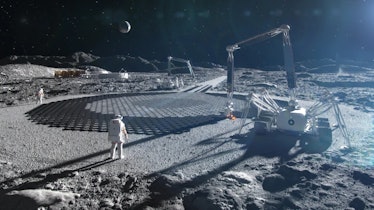illustration of futuristic construction equipment, solar arrays, and astronauts on the rocky lunar s...