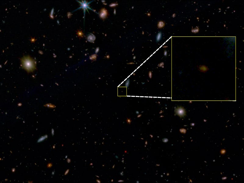 A cosmic photograph showing numerous galaxies with a highlighted section magnifying a specific area.