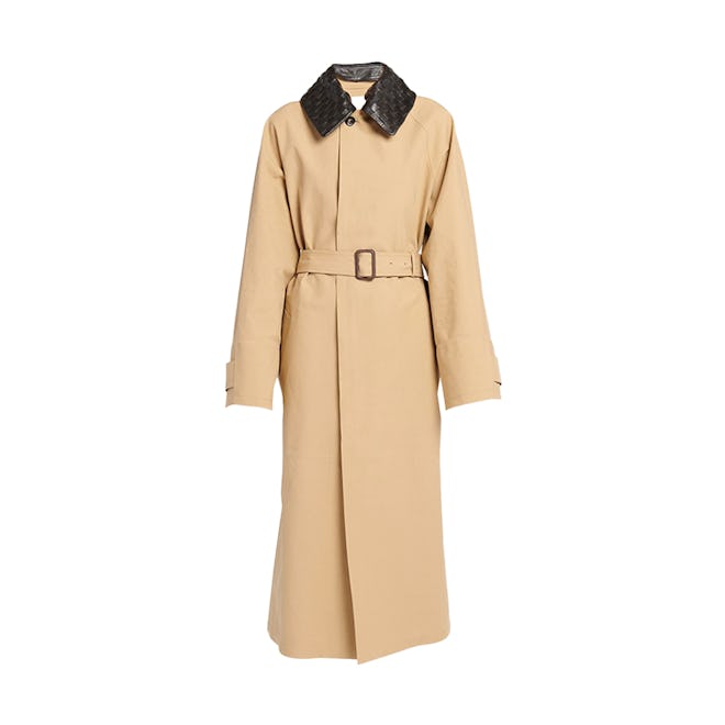Waterproof Cotton Belted Trench Coat with Leather Collar