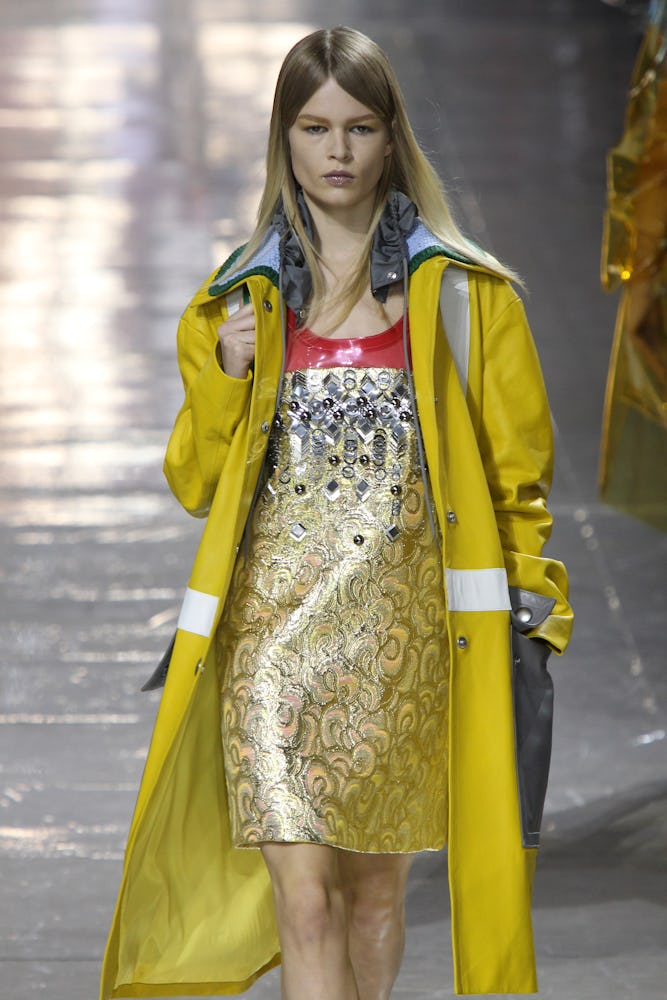 A model walks the runway during the Miu Miu show as part of the Paris Fashion Week Womenswear Fall/W...