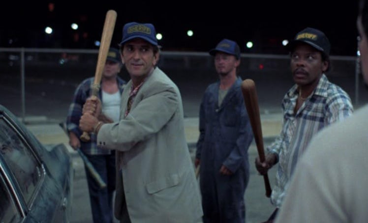 Repo Man scene of Bud with a baseball bat