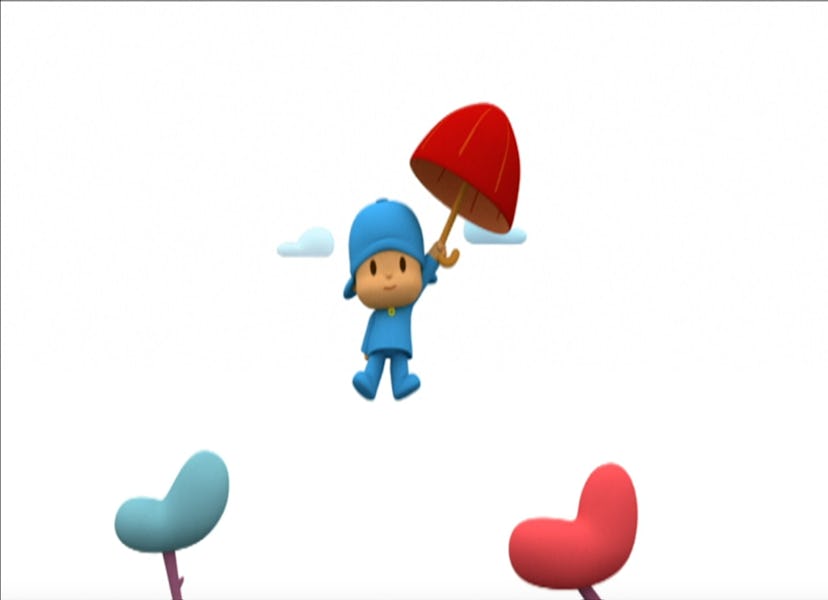 Pocoyo floats above the trees with an umbrella.