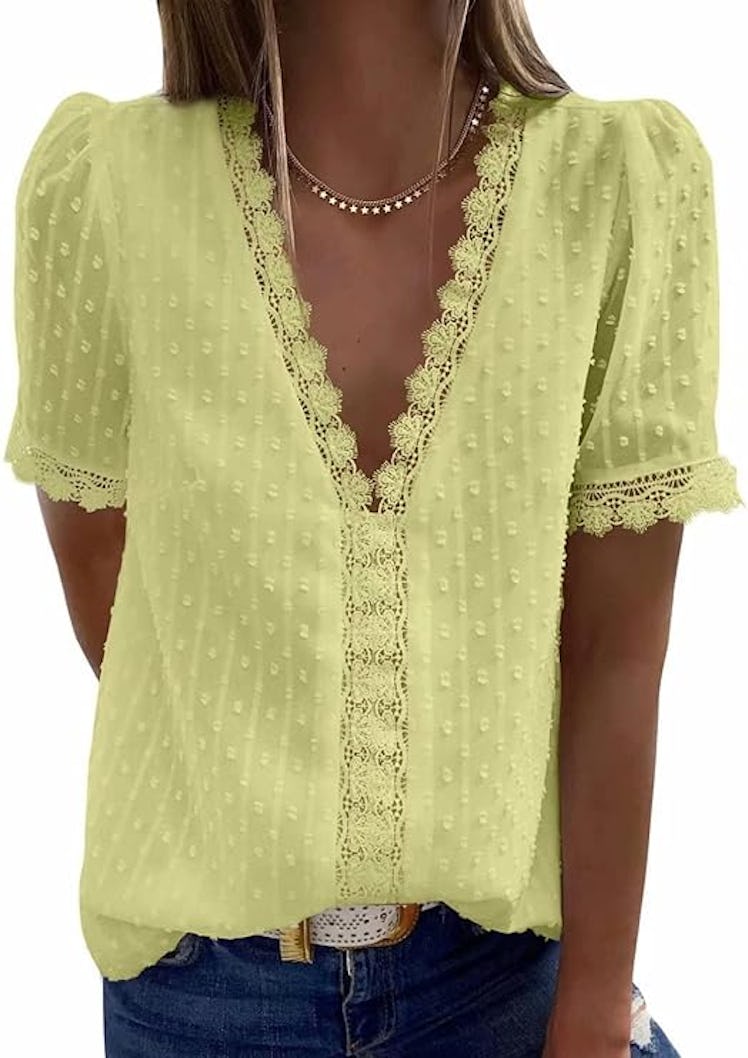 FARYSAYS Lace Short-Sleeve Polka Dot Blouse