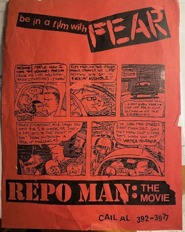 A hand-made flyer announcing movie auditions for Repo Man.