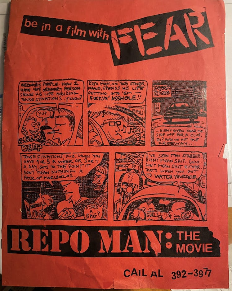 A hand-made flyer announcing movie auditions for Repo Man.