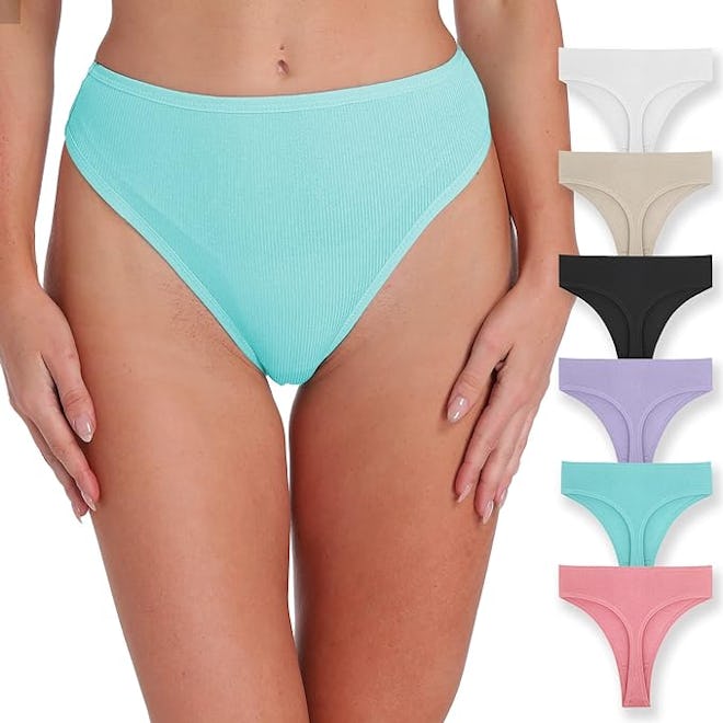 Xlndsoea High-Waisted Ribbed Cotton Thongs (6-Pack)