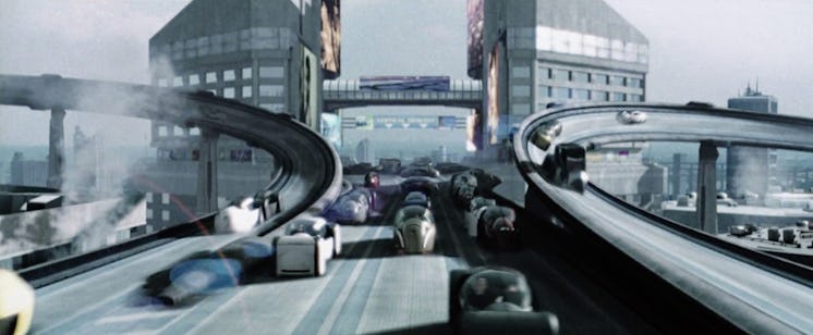 A scene from 'Minority Report' showing a driverless car highway.