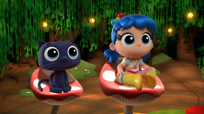 True and Bartleby sit on mushroom caps in 'True and the Rainbow Kingdom'
