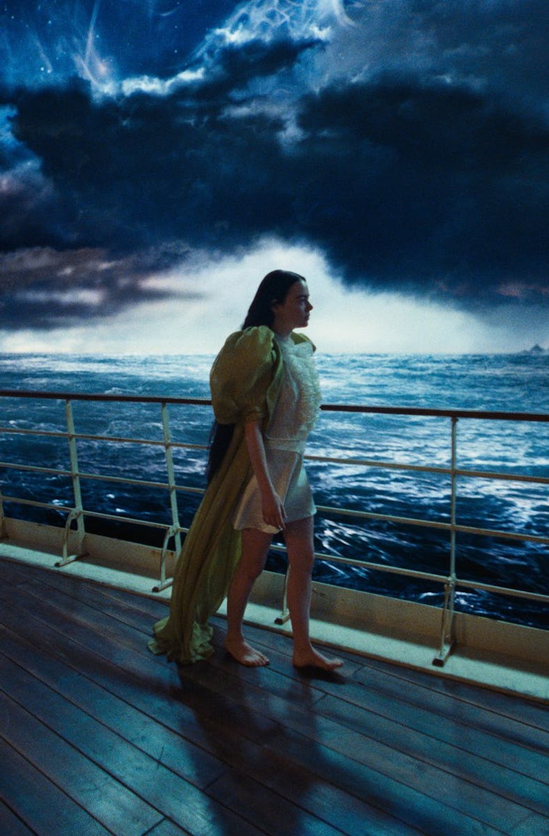 Bella Baxter (Emma Stone) walks along the deck of a ship in 'Poor Things'
