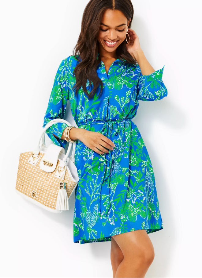 A bright blue and green tunic dress for women for Easter.