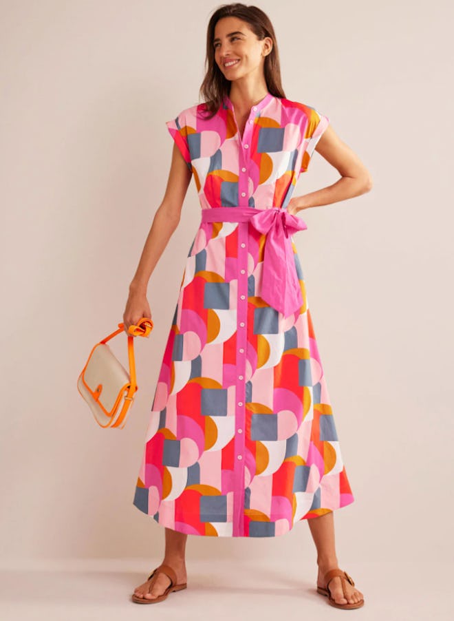 A geometric cotton shirt dress for Easter in pink.