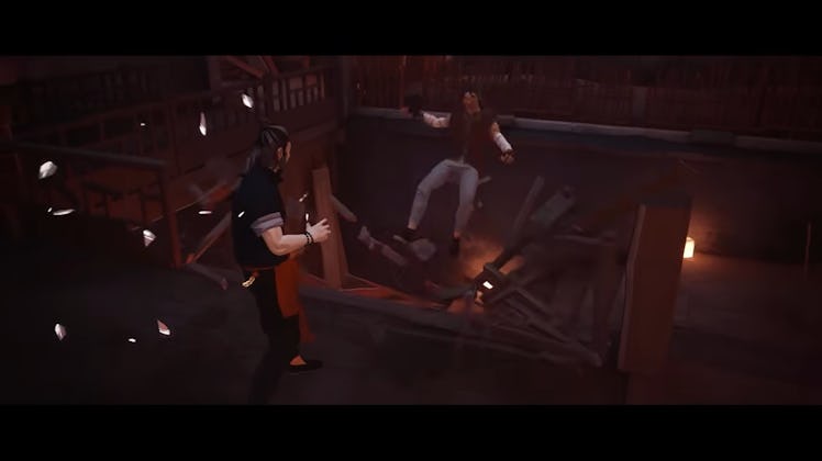 Screenshot of Sifu showing player throw an enemy through a railing into a dead drop. 