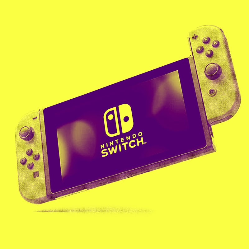 A Nintendo Switch game console with two Joy-Con controllers that can detach