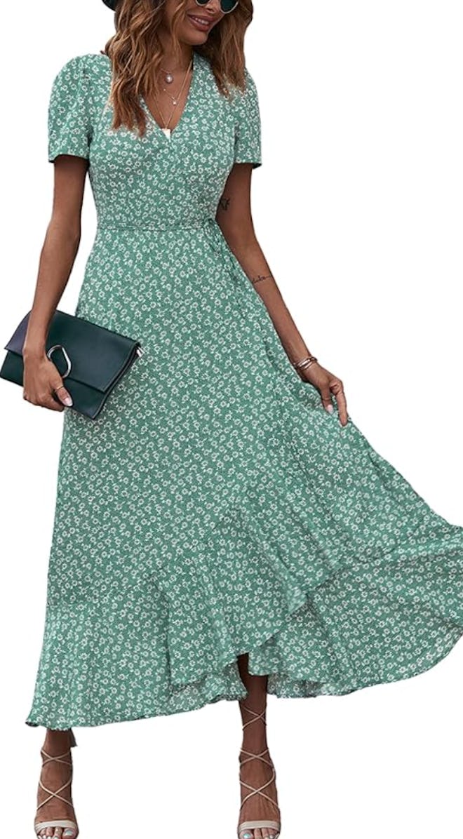 A green and white floral summer wrap dress from Amazon.