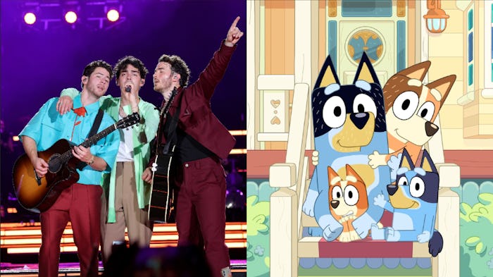 The Jonas Brothers in concert beside an image of the Heeler family from 'Bluey' on their front porch...